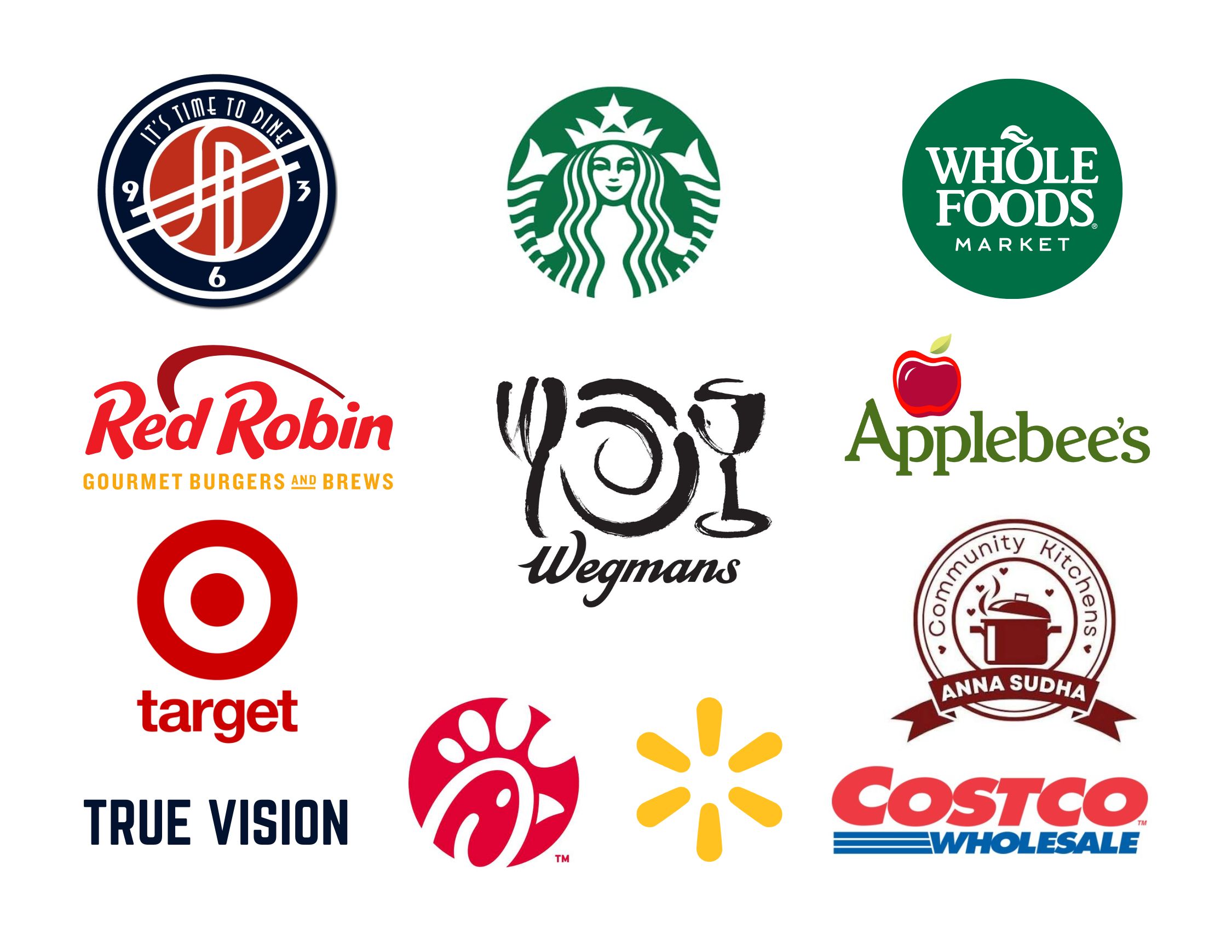 DMV Area sponsor logos: Silver Diner, Starbucks, Whole Foods, Red Robin, Wegmans, Applebee's, Target, Anna Sudha's Community Kitchen, True Vision, Chick-fil-A, Walmart, Costco